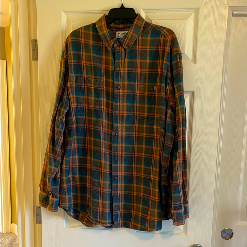 Duluth Trading Co. Men's Plaid Flannel Shirt - Green and Orange, size XLT